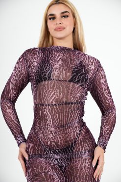 Alternative view of Long Sleeve Mesh Dress Purple Leopard (Custom-Made)